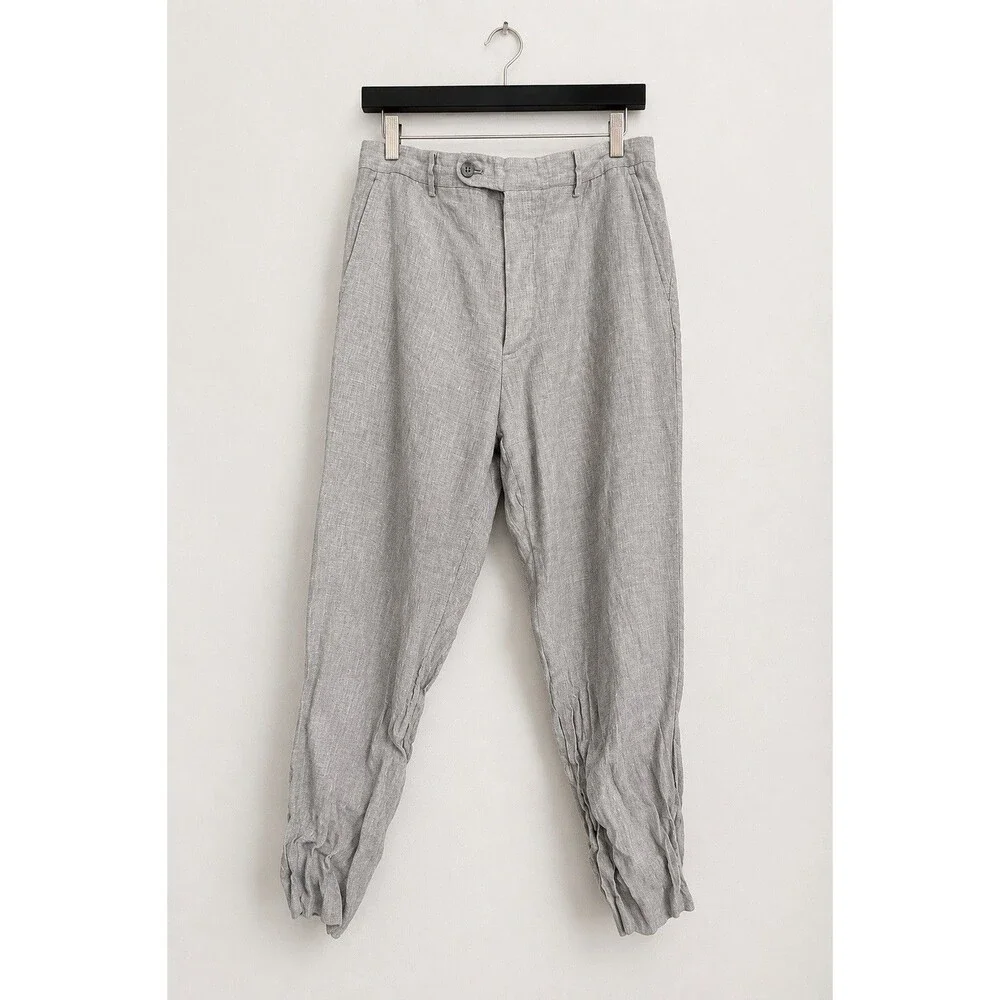 Joseph Abboud 100% Linen Gray Pants Tapered Ruched Ankle Quiet Luxury